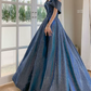 Vintage Off-Shoulder Blue Prom Dress Sequins A-Line Evening Dress C9020
