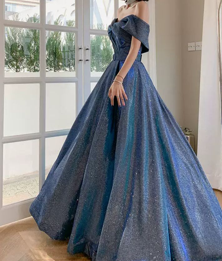 Vintage Off-Shoulder Blue Prom Dress Sequins A-Line Evening Dress C9020