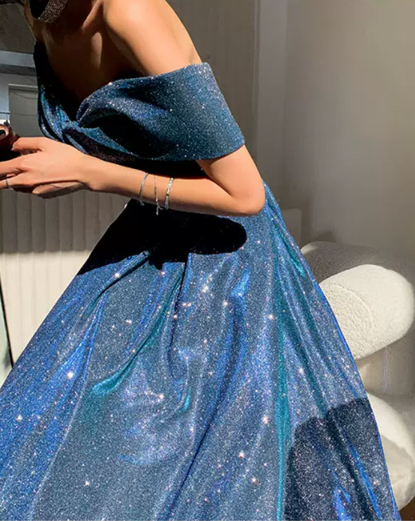 Vintage Off-Shoulder Blue Prom Dress Sequins A-Line Evening Dress C9020