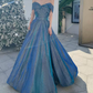 Vintage Off-Shoulder Blue Prom Dress Sequins A-Line Evening Dress C9020