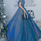 Vintage Off-Shoulder Blue Prom Dress Sequins A-Line Evening Dress C9020