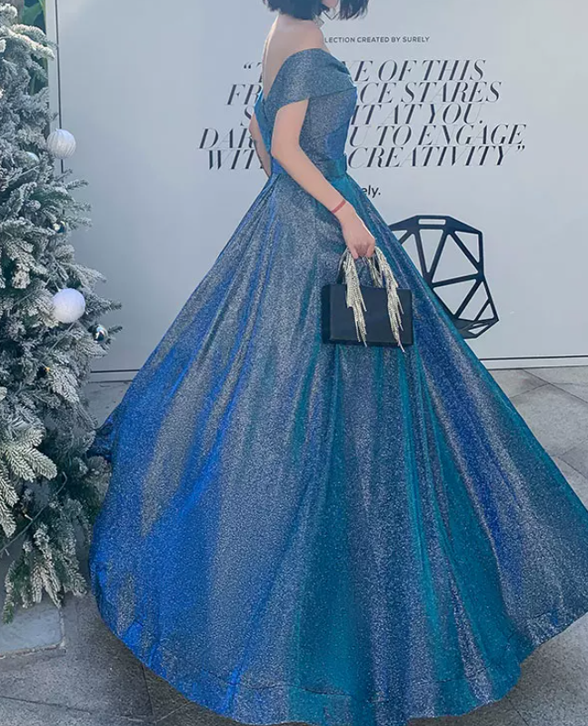 Vintage Off-Shoulder Blue Prom Dress Sequins A-Line Evening Dress C9020