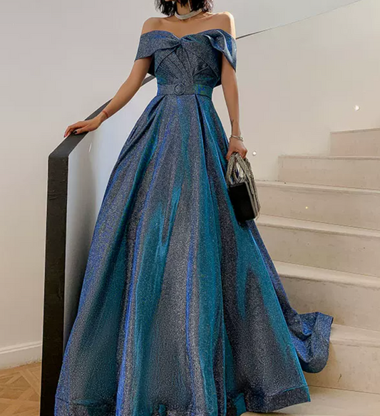 Vintage Off-Shoulder Blue Prom Dress Sequins A-Line Evening Dress C9020