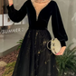 Sexy V Neck Black Prom Dress Long Sleeve Sequins Evening Dress C9022