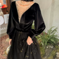 Sexy V Neck Black Prom Dress Long Sleeve Sequins Evening Dress C9022