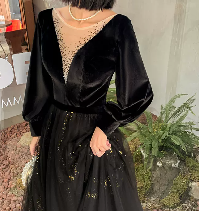 Sexy V Neck Black Prom Dress Long Sleeve Sequins Evening Dress C9022