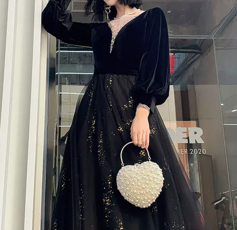 Sexy V Neck Black Prom Dress Long Sleeve Sequins Evening Dress C9022