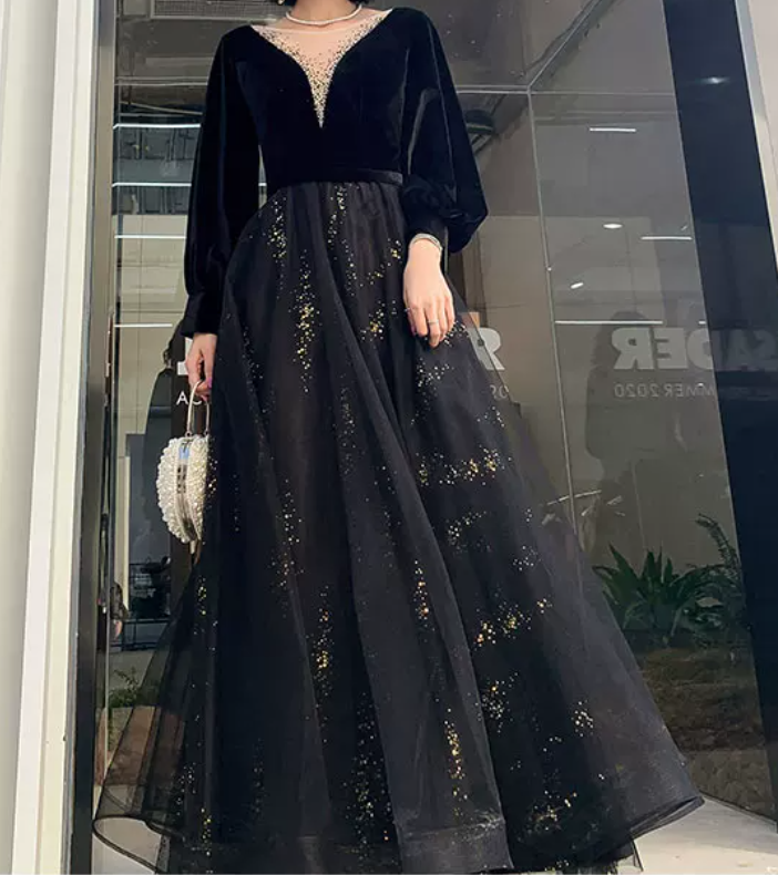 Sexy V Neck Black Prom Dress Long Sleeve Sequins Evening Dress C9022