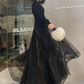 Sexy V Neck Black Prom Dress Long Sleeve Sequins Evening Dress C9022