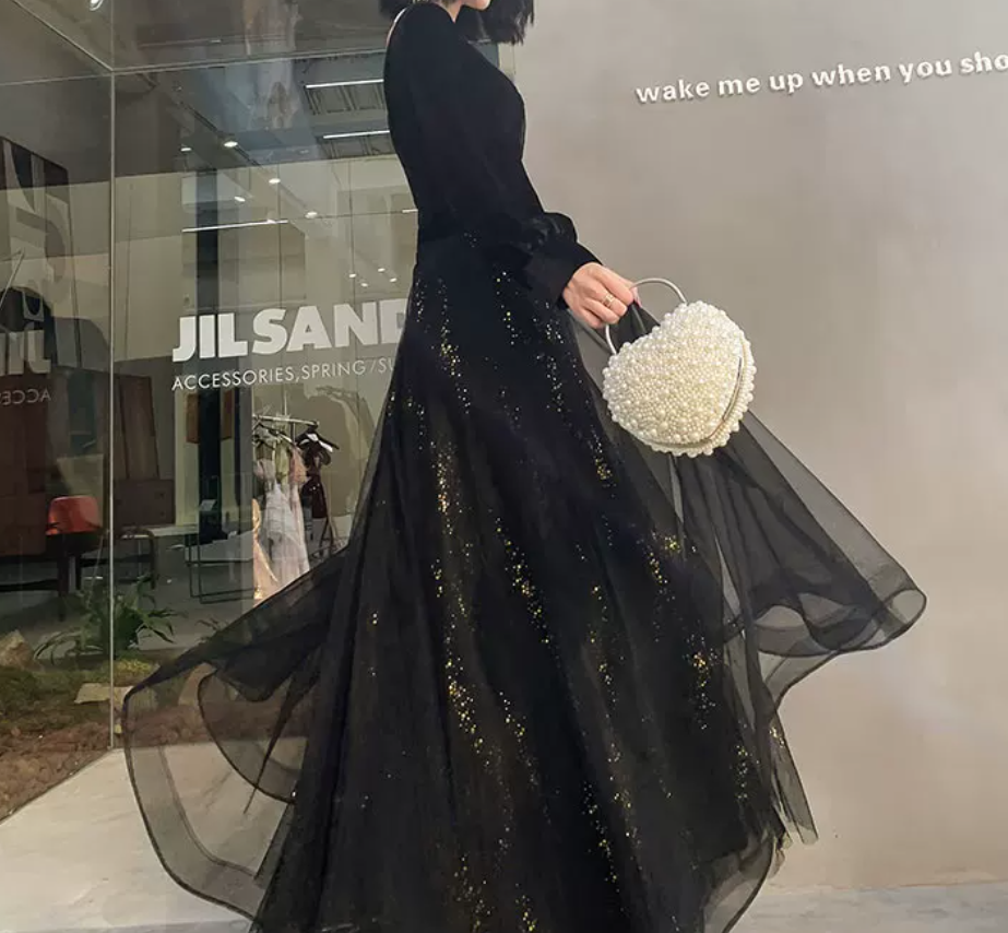 Sexy V Neck Black Prom Dress Long Sleeve Sequins Evening Dress C9022