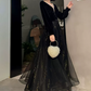 Sexy V Neck Black Prom Dress Long Sleeve Sequins Evening Dress C9022