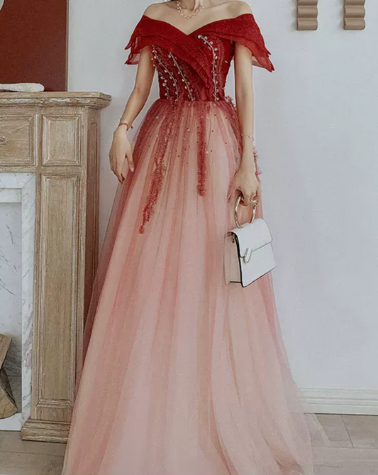 Sweet Off-Shoulder Red Prom Dress Sequins Tulle A-Line Evening Dress C9023