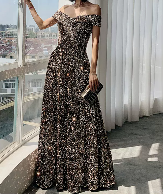 Alluring Off-Shoulder Black Prom Dress Sequins A-Line Evening Dress C9024