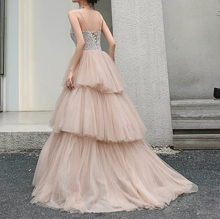 Robe de bal de princesse bustier à volants en satin long, robe de soirée C8117