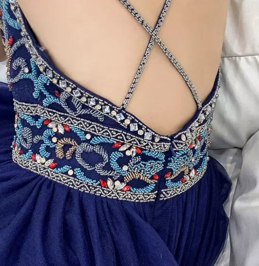 Boho Style Navy Blue Prom Dress Backless Beads A-Line Evening Dress C9029