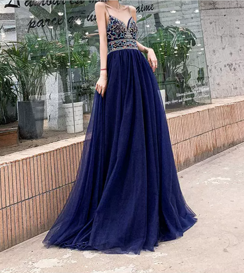 Boho Style Navy Blue Prom Dress Backless Beads A-Line Evening Dress C9029