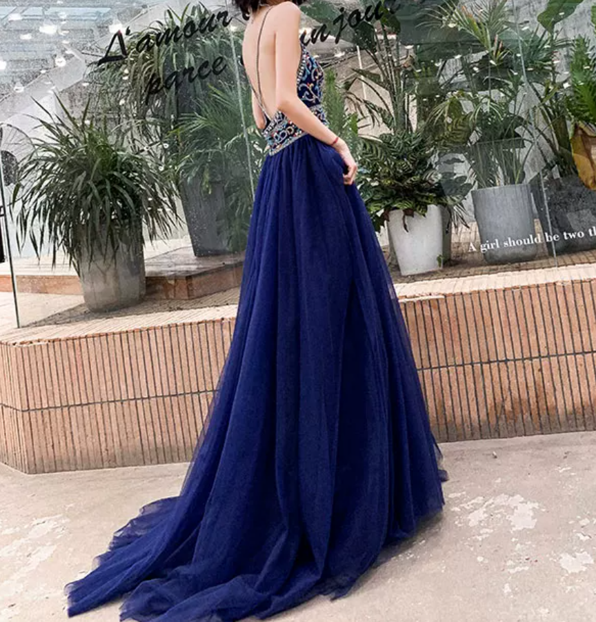 Boho Style Navy Blue Prom Dress Backless Beads A-Line Evening Dress C9029