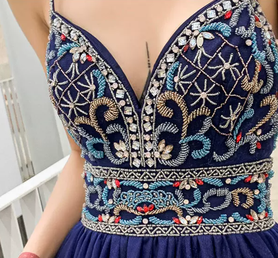 Boho Style Navy Blue Prom Dress Backless Beads A-Line Evening Dress C9029