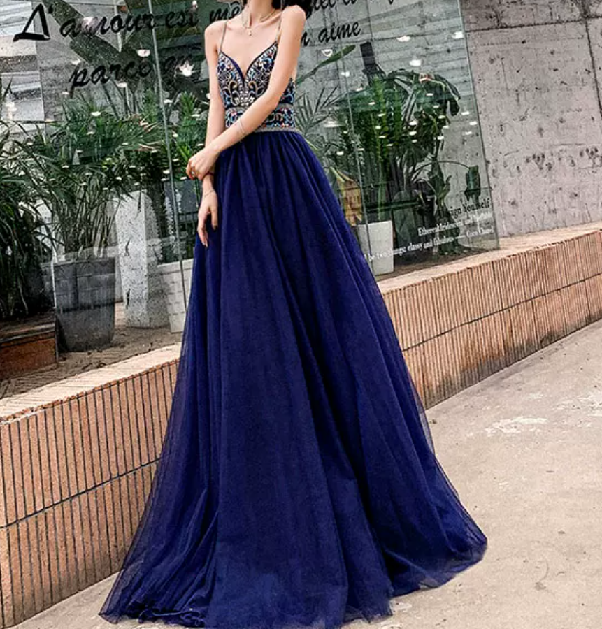 Boho Style Navy Blue Prom Dress Backless Beads A-Line Evening Dress C9029