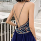 Boho Style Navy Blue Prom Dress Backless Beads A-Line Evening Dress C9029
