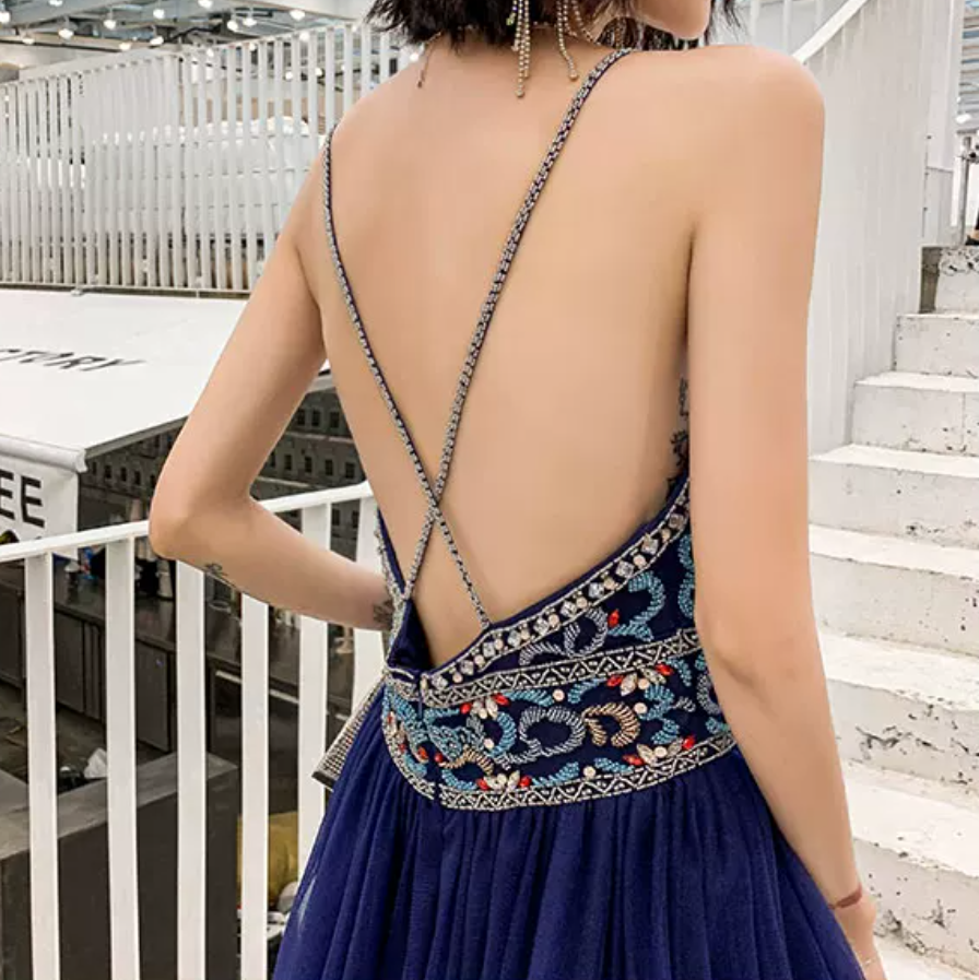 Boho Style Navy Blue Prom Dress Backless Beads A-Line Evening Dress C9029