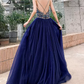 Boho Style Navy Blue Prom Dress Backless Beads A-Line Evening Dress C9029