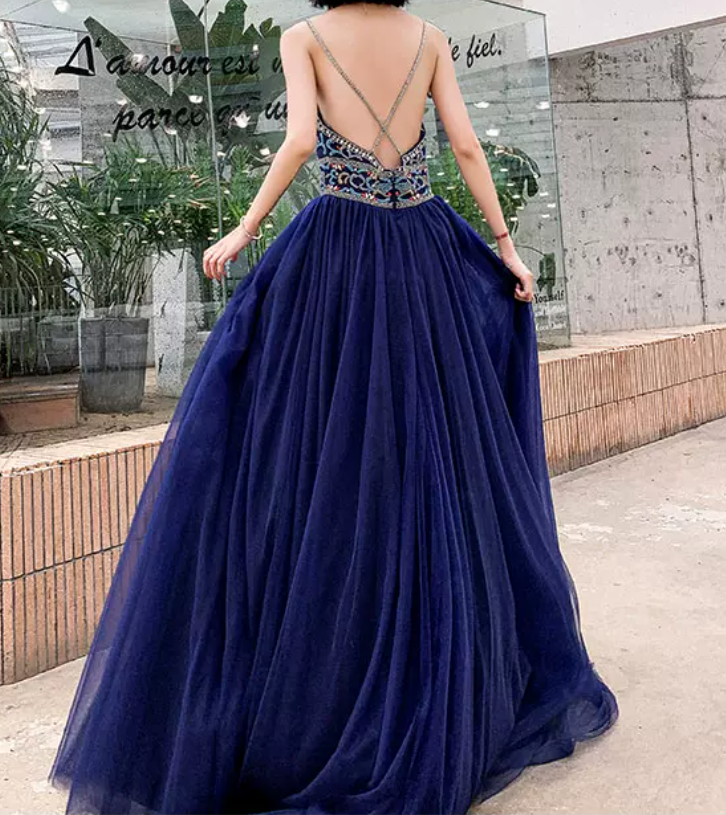 Boho Style Navy Blue Prom Dress Backless Beads A-Line Evening Dress C9 – BlingDress