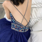 Boho Style Navy Blue Prom Dress Backless Beads A-Line Evening Dress C9029