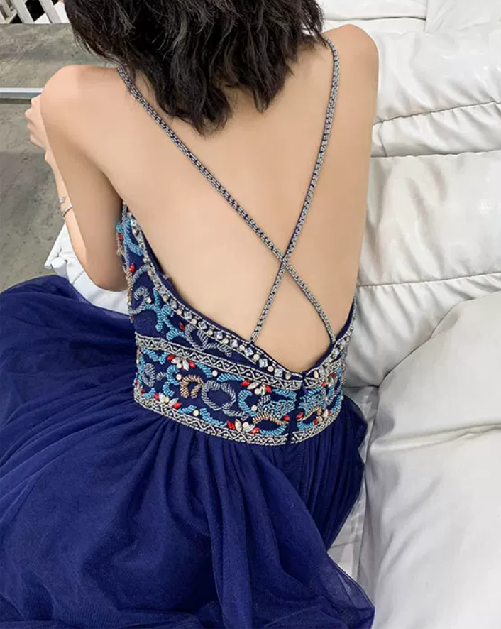 Boho Style Navy Blue Prom Dress Backless Beads A-Line Evening Dress C9 – BlingDress