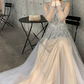 Romantic Long Sleeve Silver Prom Dress Sequins Tulle A-Line Evening Dress C9030