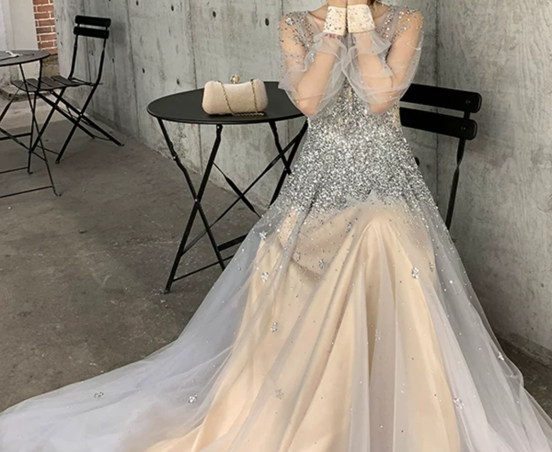 Romantic Long Sleeve Silver Prom Dress Sequins Tulle A-Line Evening Dress C9030