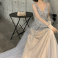 Romantic Long Sleeve Silver Prom Dress Sequins Tulle A-Line Evening Dress C9030