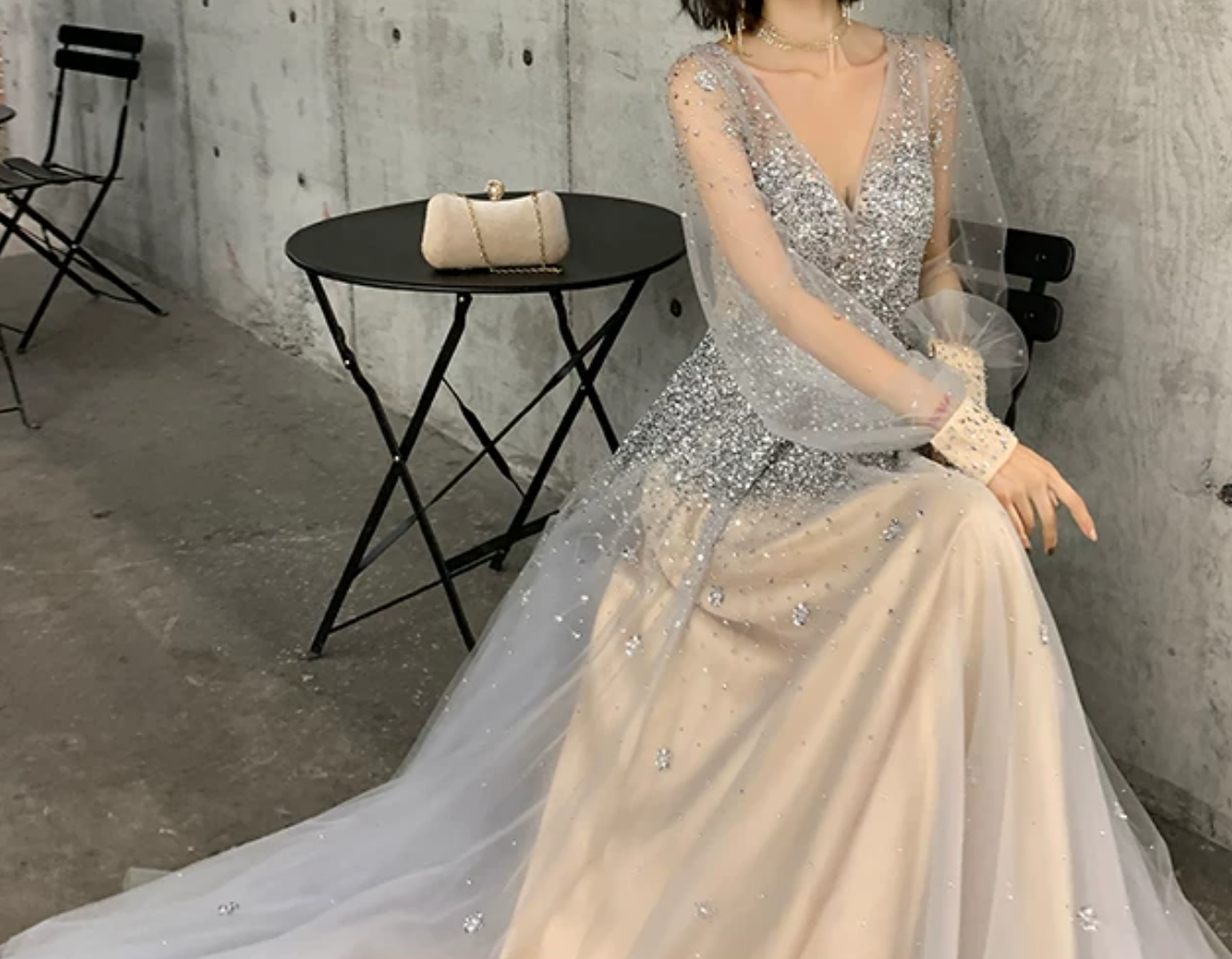 Romantic Long Sleeve Silver Prom Dress Sequins Tulle A-Line Evening Dress C9030
