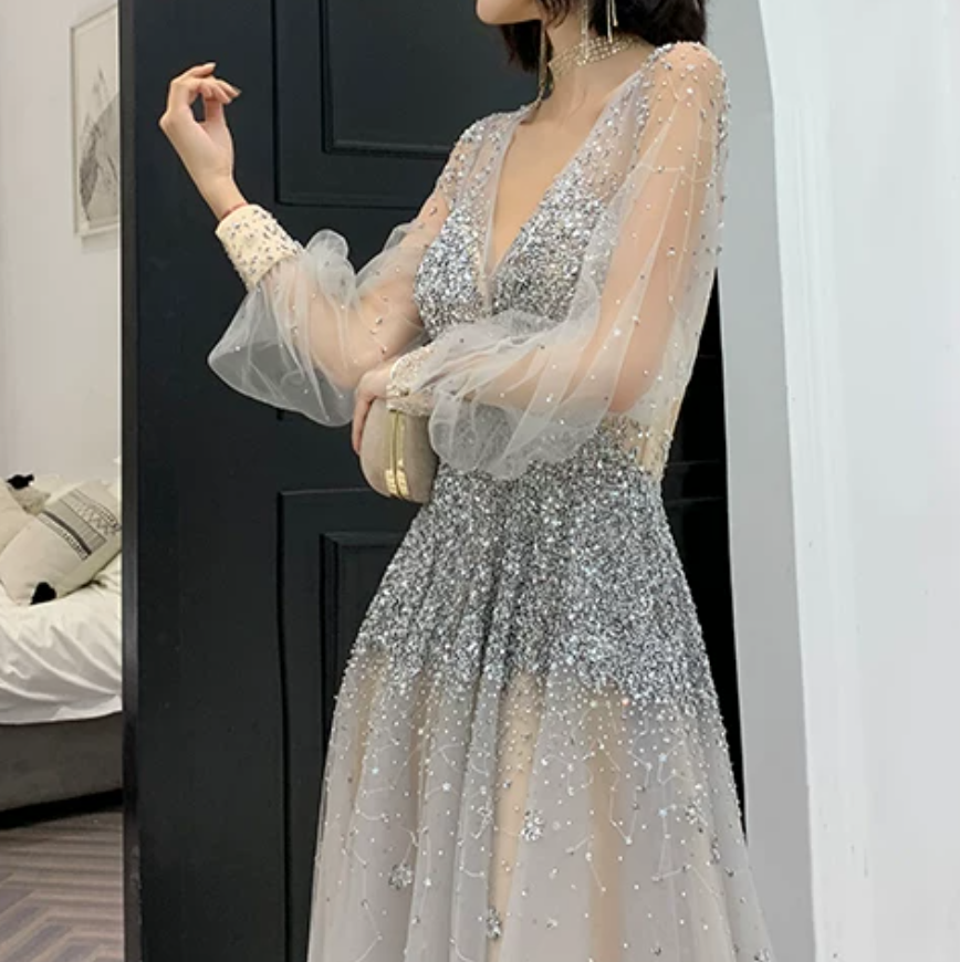Romantic Long Sleeve Silver Prom Dress Sequins Tulle A-Line Evening Dress C9030