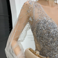 Romantic Long Sleeve Silver Prom Dress Sequins Tulle A-Line Evening Dress C9030
