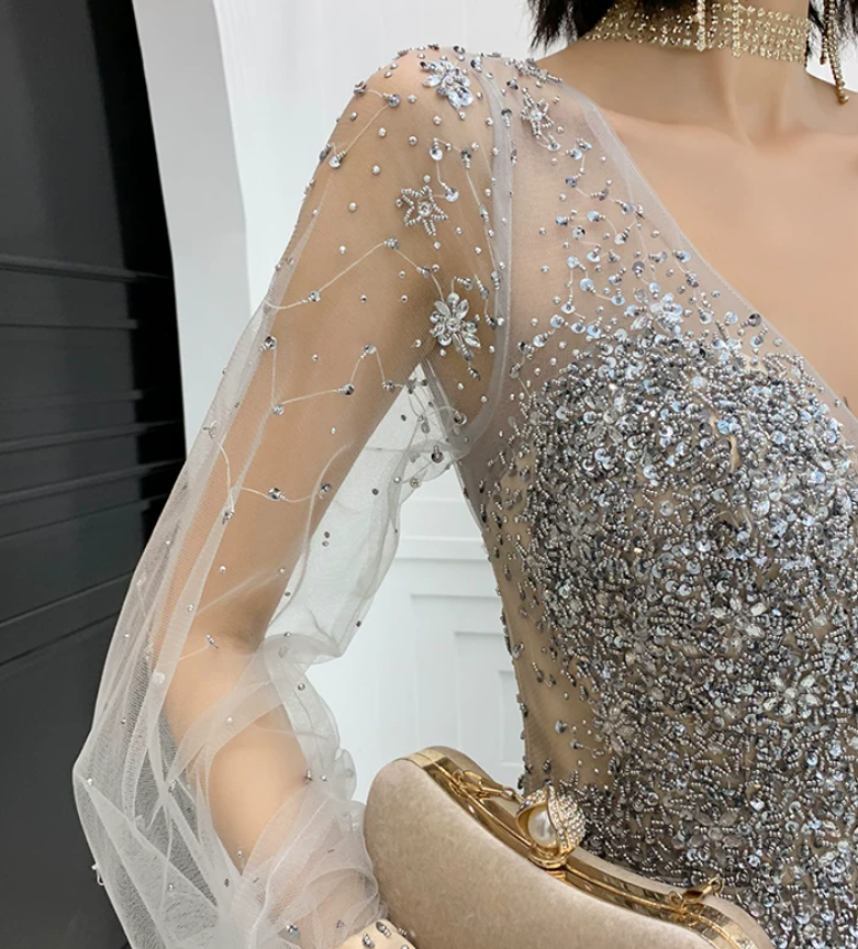Romantic Long Sleeve Silver Prom Dress Sequins Tulle A-Line Evening Dress C9030