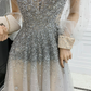 Romantic Long Sleeve Silver Prom Dress Sequins Tulle A-Line Evening Dress C9030