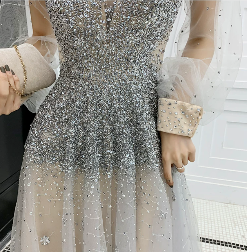 Romantic Long Sleeve Silver Prom Dress Sequins Tulle A-Line Evening Dress C9030
