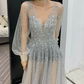 Romantic Long Sleeve Silver Prom Dress Sequins Tulle A-Line Evening Dress C9030
