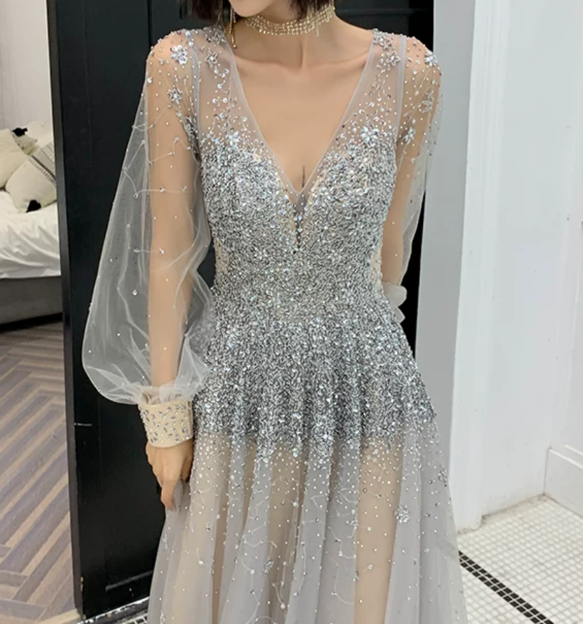 Romantic Long Sleeve Silver Prom Dress Sequins Tulle A-Line Evening Dress C9030