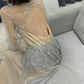 Romantic Long Sleeve Silver Prom Dress Sequins Tulle A-Line Evening Dress C9030