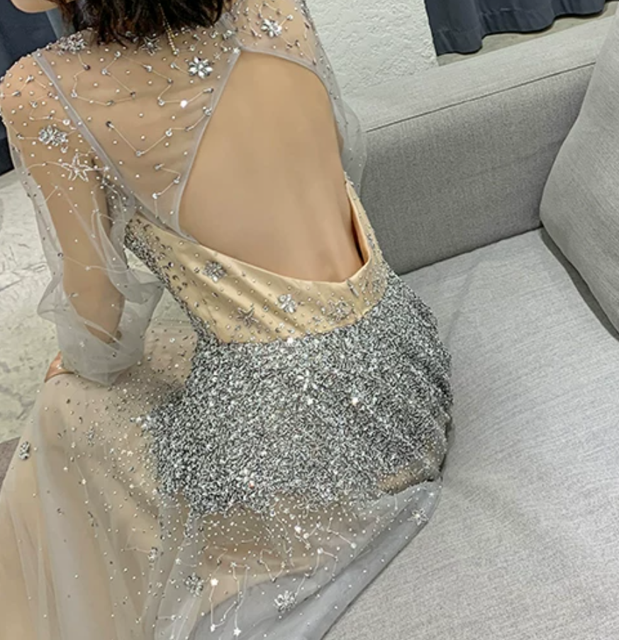 Romantic Long Sleeve Silver Prom Dress Sequins Tulle A-Line Evening Dress C9030