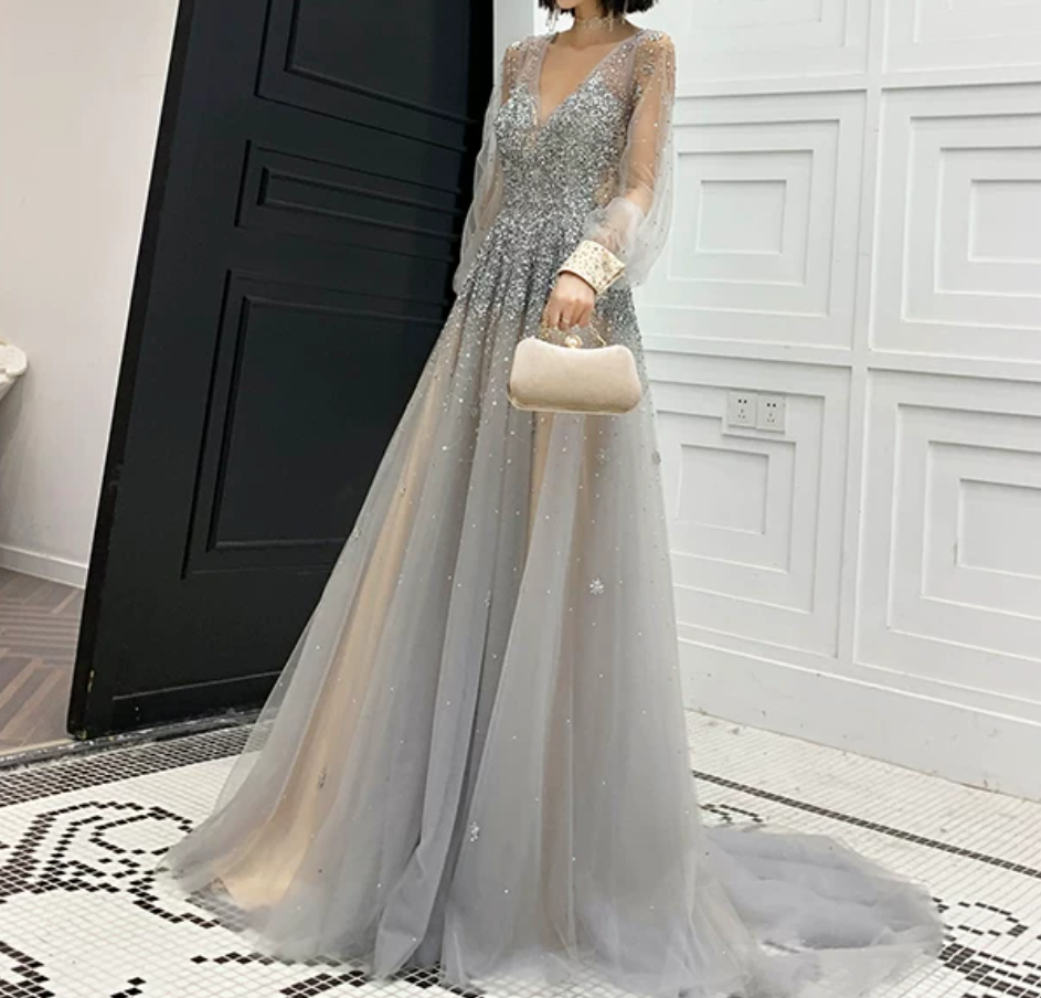 Romantic Long Sleeve Silver Prom Dress Sequins Tulle A-Line Evening Dress C9030