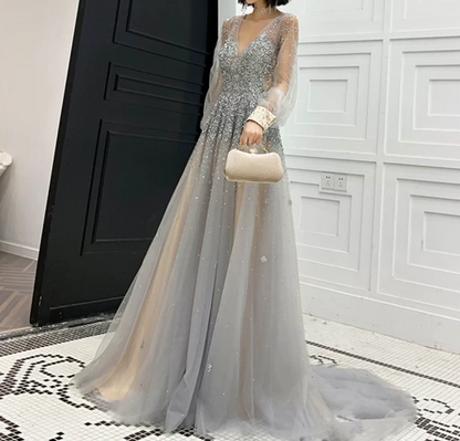Romantic Long Sleeve Silver Prom Dress Sequins Tulle A-Line Evening Dress C9030