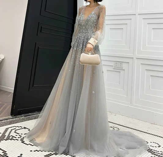 Romantic Long Sleeve Silver Prom Dress Sequins Tulle A-Line Evening Dress C9030