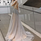 Romantic Long Sleeve Silver Prom Dress Sequins Tulle A-Line Evening Dress C9030