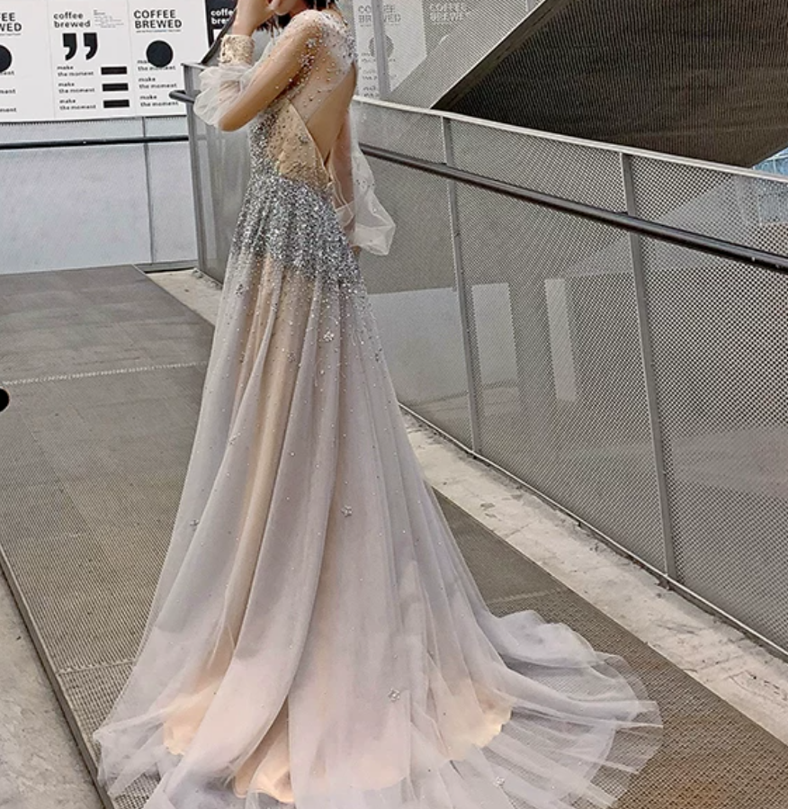 Romantic Long Sleeve Silver Prom Dress Sequins Tulle A-Line Evening Dress C9030
