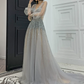 Romantic Long Sleeve Silver Prom Dress Sequins Tulle A-Line Evening Dress C9030