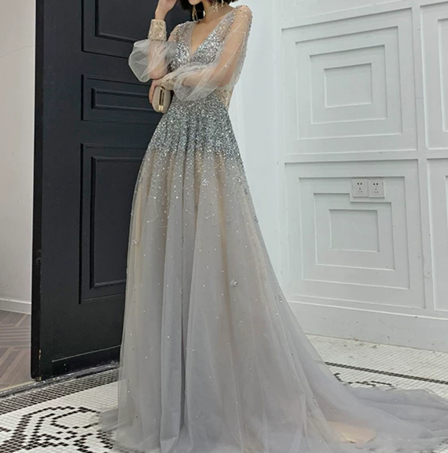 Romantic Long Sleeve Silver Prom Dress Sequins Tulle A-Line Evening Dress C9030