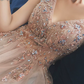 Glamorous Spaghetti Straps Pink Prom Dress Beading Slit Tulle A-Line Evening Dress C9031